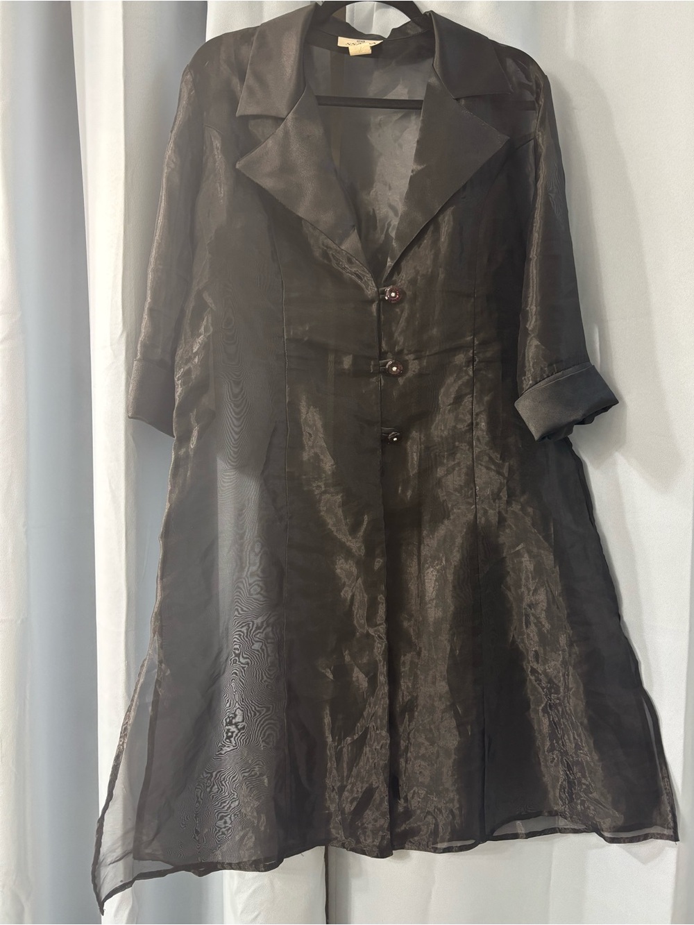 Vintage Black Sheer organza A-Line Trench Coat with Notched Collar
